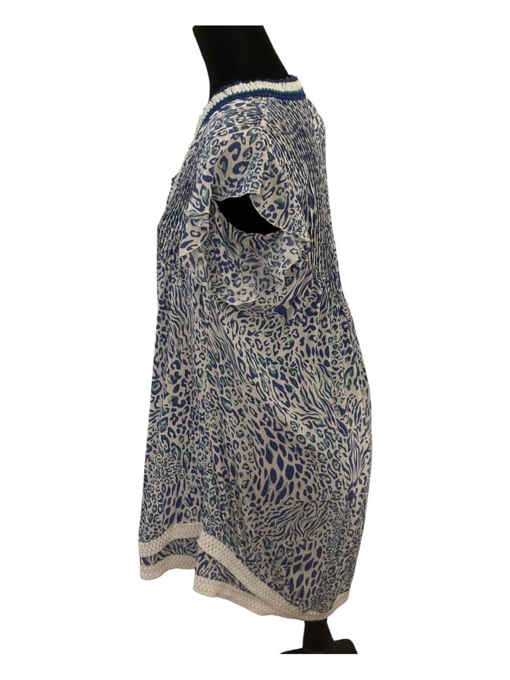 Poupette St. Barth Blue Printed Mini Dress with V-Neck Trim - Picture 3 of 4
